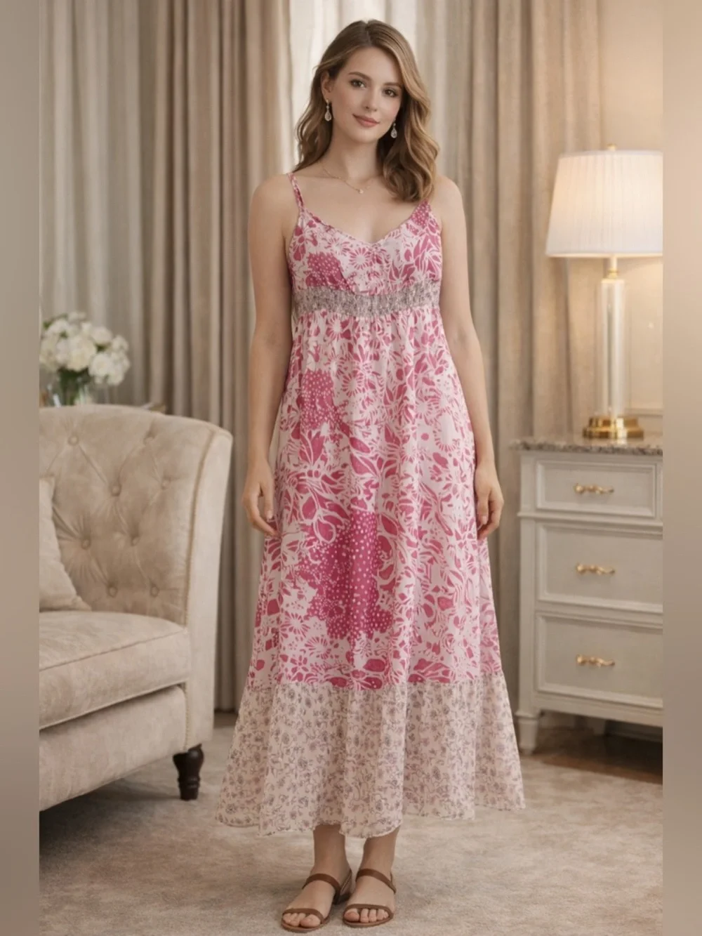 Maeve Anthropologie Pink Floral Maxi Dress Smocked Bodice Boho Romantic - Picture 3 of 4